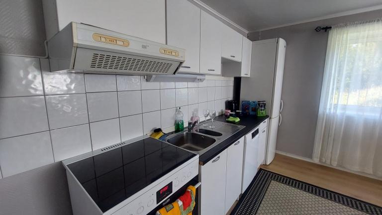 Kjøkken med induksjonsovn, oppvaskmaskin og kjøleskap